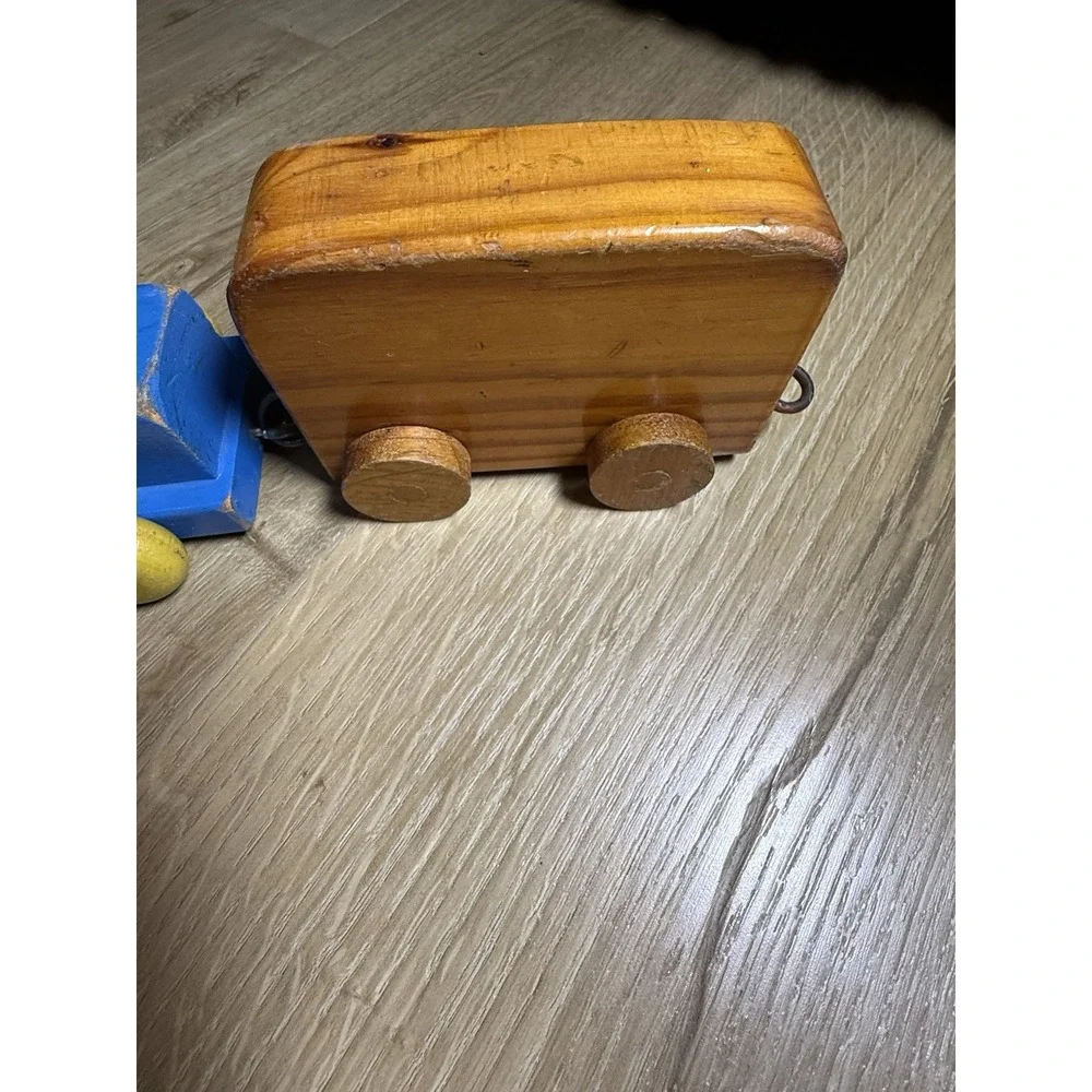 Vintage Playskool Wooden Pull‎ Train Toy Blue Yellow 1960s Classic With Cart